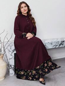 Al Najma 大码女式花卉印花纽扣前长袖宽松休闲连衣裙，休闲端庄束腰长裙，适合旅行/休闲/居家/度假 - 彩色 - 查看 1