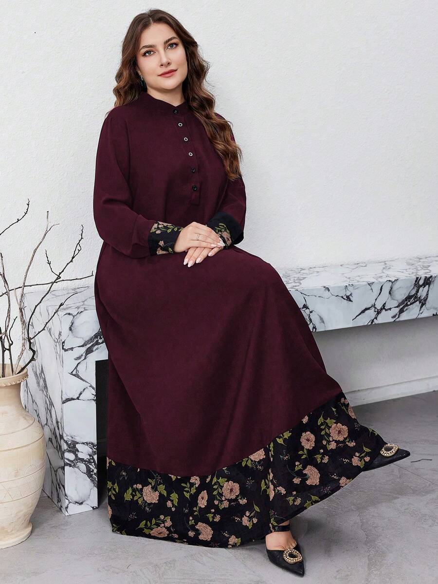 Al Najma 大码女式花卉印花纽扣前长袖宽松休闲连衣裙，休闲端庄束腰长裙，适合旅行/休闲/居家/度假 - 彩色 - 查看 1