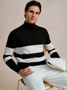 Manfinity Mode Men's Striped High Neck Loose Casual Knitted Color Block Long Sleeve Sweater, Autumn/Winter, For Going Out, Husband