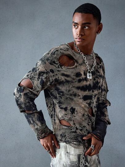 Street Life Men's Tie-Dye Pattern Random Distressed Punk Distressed Ripped Sweater