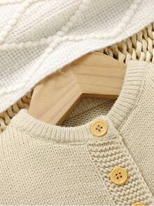 SHEIN 2pcs Newborn Baby Green Sweater Set: Round Neck Long Sleeve Cardigan With Pockets + Striped Suspender Romper Autumn Fall - Khaki - View 3