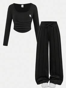 SHEIN Tween Girls Back To School Sports Casual Solid Color Set, Long Sleeve Cropped T-Shirt With Ruched Details And Straight Leg Sweatpants, Autumn/Winter - Black - View 13