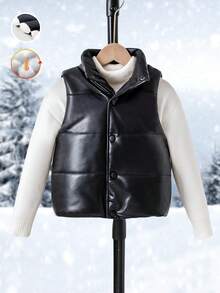 SHEIN Kleine Mädchen Vintage Lässig Minimalist gesteppte Jacke mit Tasche aus PU-Leder, gepolstert, geeignet für Herbst/Winter, Outdoor