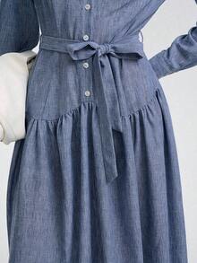 SHEIN Stylify 女式蓝色牛仔连衣裙，配腰带，长袖修身设计，奢华亚麻面料，适合秋季、冬季、春季、派对、宴会、聚会、休闲和工作穿着 - 藍色 - 查看 7