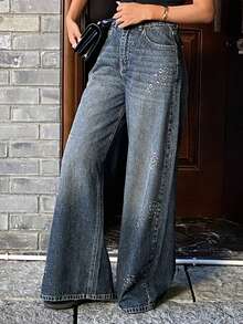 DAZY 女式常规腰部水钻装饰宽松阔腿牛仔裤，休闲街头风格 - 中等水洗藍 - 查看 6