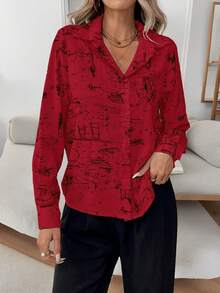 Louniche 女士休闲通勤全印花长袖衬衫 - 紅色 - 查看 7
