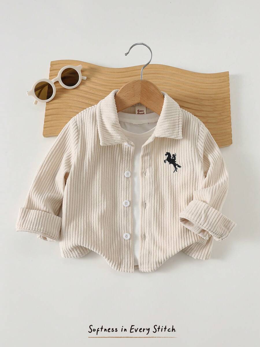 Cozy Pixies Baby Boy Horse Pattern Turndown Collar Long Sleeve Cardigan Shirt Baby Collar Shirt Baby Boy Shirt Toddler Striped Shirt Baby Button Shirt Toddler Button Up - Apricot - View 1