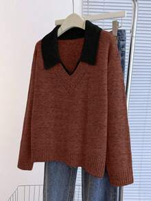 Franclia V-Neck 2 In 1 Long Sleeve Sweater, Autumn/Winter - Rust Brown - View 5