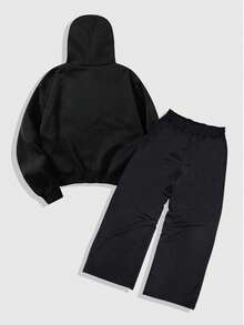 ROMWE MEN Goth Set casual pentru bărbați, cu hanorac și pantaloni, model de craniu și cruce, cu șnur, haine de toamnă - Negru - Vizualizare 2