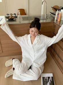 Dazy Plus 两件套加大码女士撞色蕾丝休闲睡衣套装，白色睡衣套装，秋冬服装 - 白色 - 查看 5