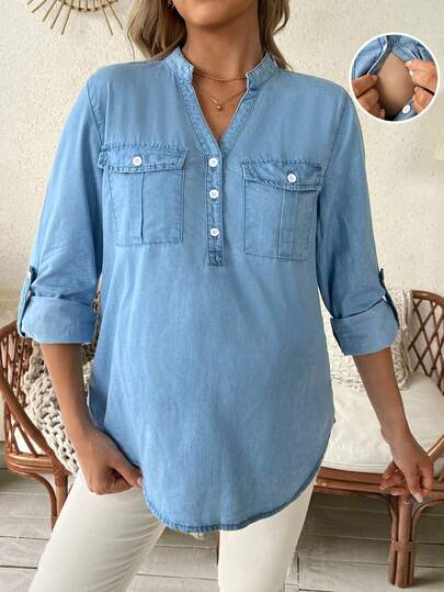 SHEIN Veste en jean décontractée de maternité avec boutons, demi-patte de boutonnage et poches à rabat, automne