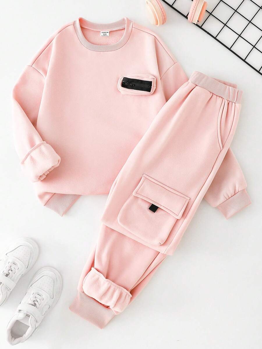 SHEIN 2pcs Tween Boy Casual Matching Sweatshirt And Sweatpants Set, Autumn/Winter - Pink - View 1