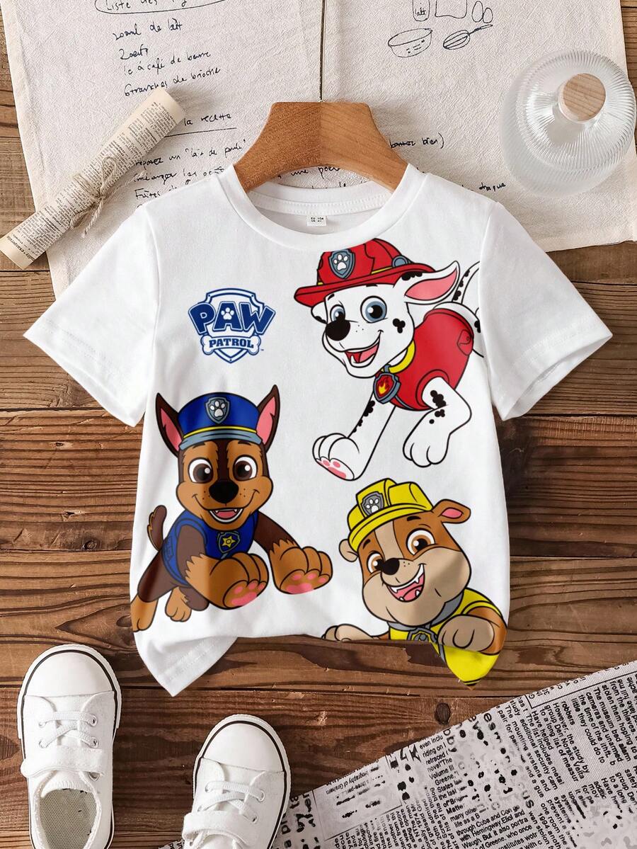 SHEIN | PAW Patrol Ung pojke, avslappnad tecknad hundtryck, rund hals, kortärmad t-shirt, sommar - Vitt - Visa 1