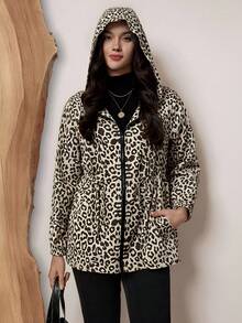 SHEIN LUNE Plus Allover Print Drawstring Waist Hooded Jacket For Autumn & Winter With Pockets Winter Clothes - Apricot - View 3