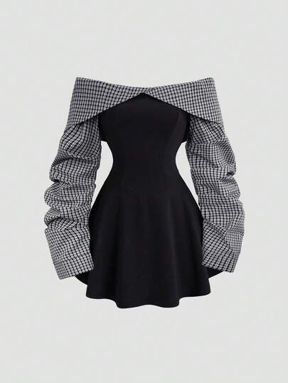 SHEIN PETITE Women's Autumn/Winter College Style Minimalist Sexy Off Shoulder High-End Color Block Design Waist-Cinching Short Mini Dress, Petite Fit