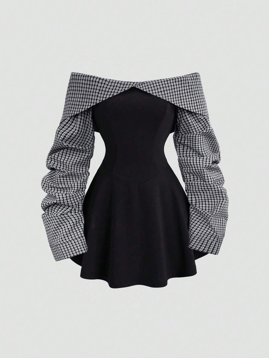 Sweetra Petite 女式秋冬学院风极简性感露肩高端拼色设计收腰短款迷你连衣裙，小码版型 - 黑色 - 查看 1