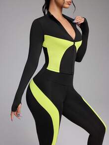 Innovista Women's Color-Blocked Zipper Collar Jacket And Pants Ski Set – A Two-Tone Sportswear Set Featuring A Stylish Zip-Up Long-Sleeved Cropped Jacket Paired With High-Waisted, Hip-Lifting Leggings. This Premium Sportswear Set Is Suitable For Yoga, Pilates, Cycling, Bike Training, High-Intensity Interval Training, Running, And Gym Workouts. Breathable, Stretchy, Quick-Drying, And Sweat-Wicking, It's Perfect For Fall And Winter Wear. Neon Piping, Utilitarian Chic - Black - View 11