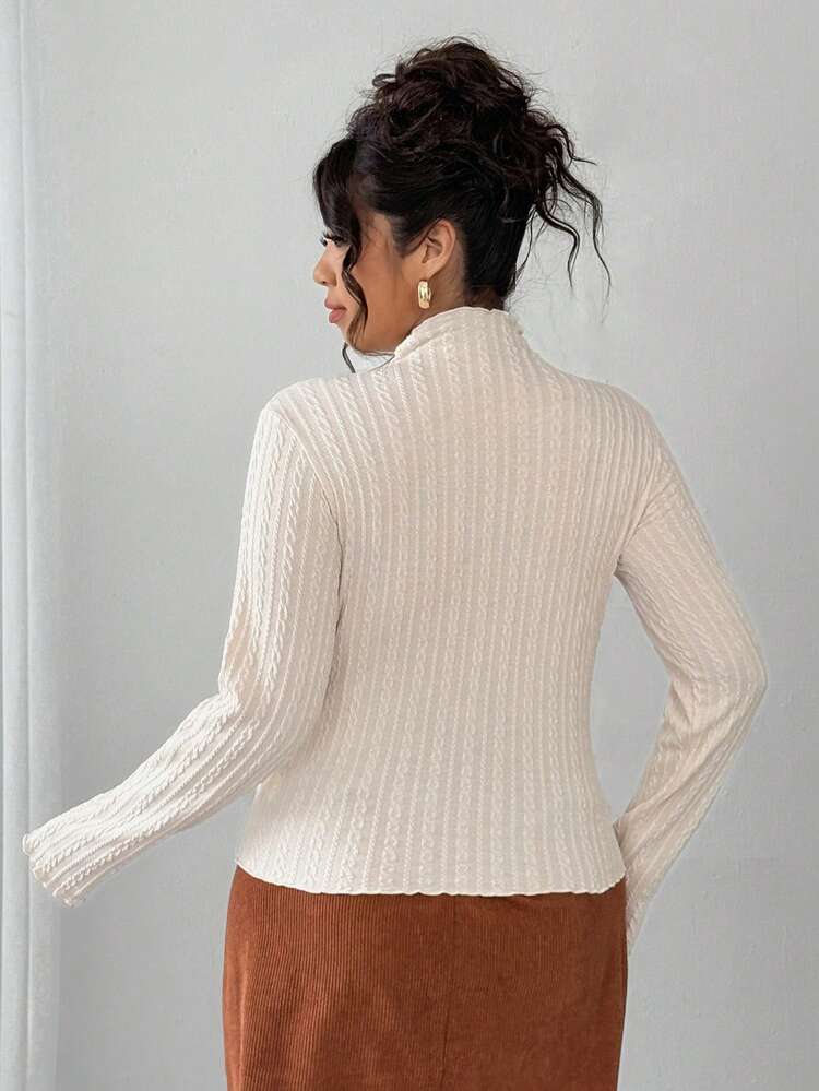 Dazy Plus Elastic Fitted Fashionable Solid Color Mock Neck Long Sleeve Cropped T-Shirt, Plus Size