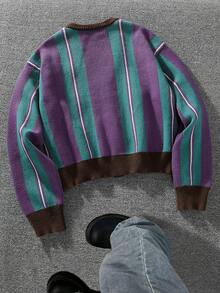 Manfinity ZONE917 Áo khoác cardigan sọc nhiều màu thường ngày cho nam, Thu/Đông - Màu tím - Xem 2
