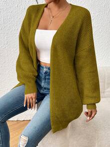 EMERY ROSE Áo khoác cardigan dệt kim hở gân màu trơn đơn giản thường ngày cho nữ, Thu/Đông - Màu Mù tạt vàng - Xem 4