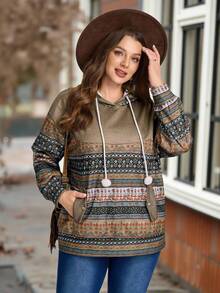 EMERY ROSE Plus Size Women Casual Plush For Warmth Hooded Vintage Striped Print Patchwork Pocket Sweatshirt, Autumn/Winter,Winter Clothes For Women,Going Out Outfits,Fall Clothes For Women,Fall Outfits,2025 New Clothes,Casual Everyday Wear,Fall Long Sleeve Tops For Women, Plus Size Hoodies Women