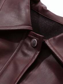 DAZY 女士纯色PU街头休闲长袖夹克皮夹克 - 酒紅色 - 查看 6