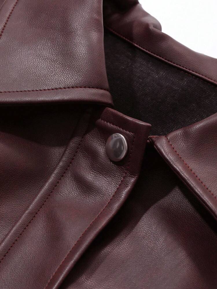 Women's Solid Color PU Street Casual Long Sleeve Jacket Leather Jacket