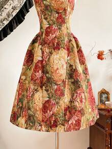 Vintamour Robe élégante vintage pour femme, texture jacquard avec peinture à l'huile florale. Robe longue pour fête de vacances, vêtements d'hiver pour femmes. Robe d'hiver, vêtements de Noël pour femmes. Tenue de Noël pour femmes, vêtements de Noël pour femmes, robe de Noël, robe de fête de Noël, vêtements du Nouvel An, tenue du Nouvel An, robe de fête, robes élégantes pour fête, robes élégantes pour femmes, robe élégante pour femme, tenue de Thanksgiving pour femmes