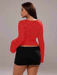 Rustia Áo thun tay dài in họa tiết chấm bi thời trang Pháp cổ điển dành cho nữ cỡ lớn, mùa xuân/thu - Nhiều màu - Xem 2