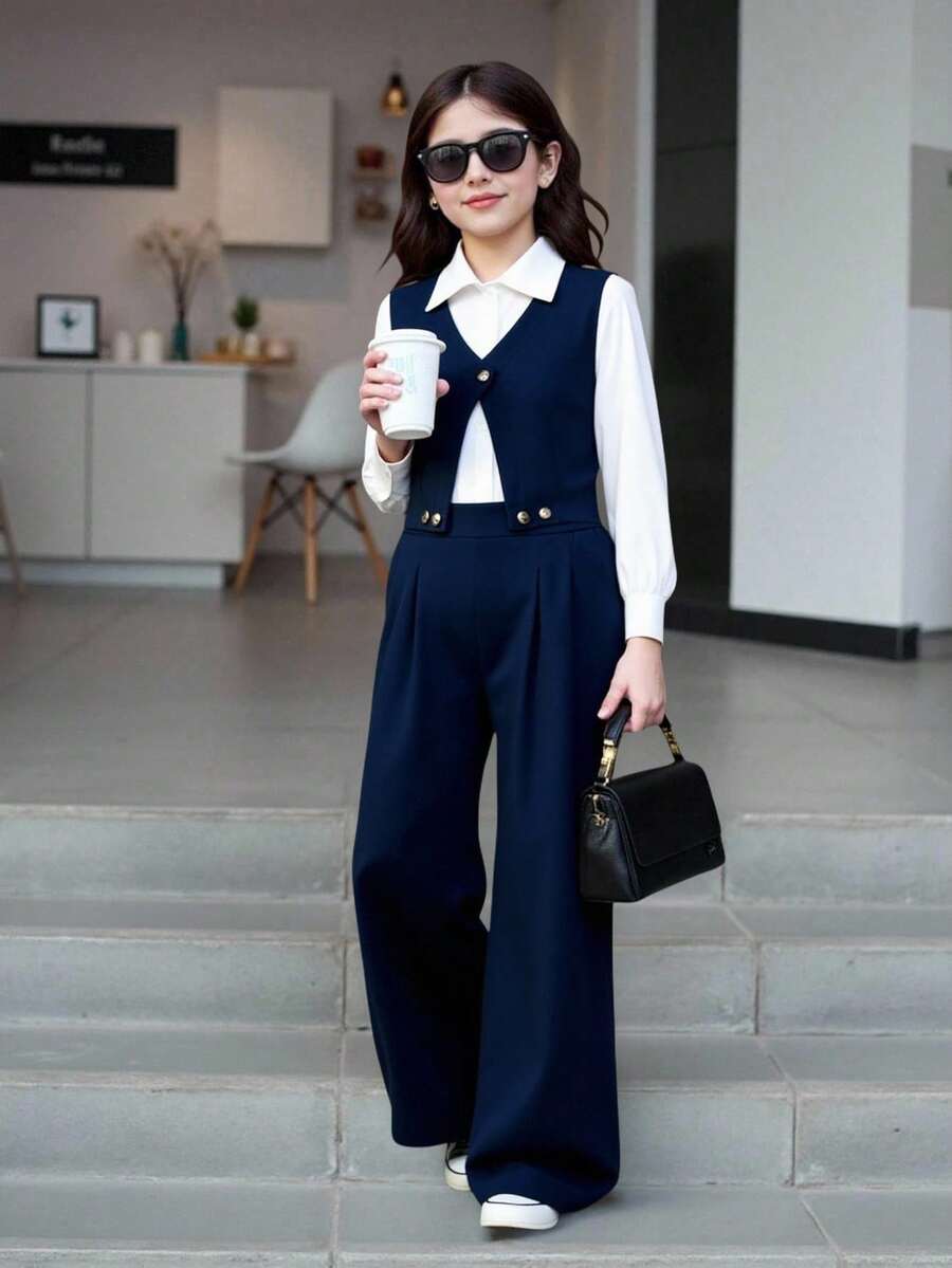 SHEIN Tween Girls Casual T-Shirt & Pants Set - Navy Blue - View 1