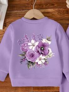 2 件套女婴可爱花卉紫色休闲圆领长袖运动衫和裤子套装，适合秋冬季 - 紫色 - 查看 4