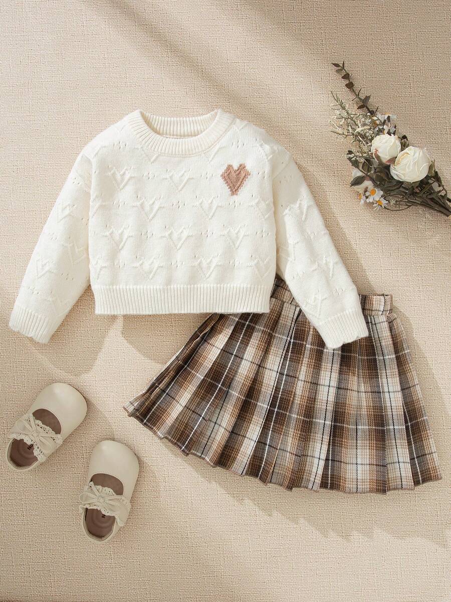Souflis Souflis Baby Girl Casual Heart Pattern Sweater & Plaid Pleated Skirt Set, Autumn Baby Set Autumn Winter Season Baby Girl Sweaters Set Babygirl Skirt Sets Two Piece Winter Outfits For Toddler Girl Baby Girl Skirt Set - Khaki - View 1