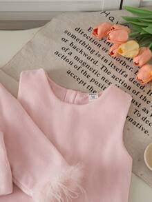 Genkimix Kids 2pcs/Set Young Girl' Elegant Sleeveless Dress & Long Sleeve Jacket, Fashion Versatile Princess Outfit, Autumn/Winter Girls Sweater Sets Girls Knit Set Autumn And Winter Dress Pink 2 Piece Dress Young Girls Dress Mommy And Me Matching Big Sister - Pink - View 4