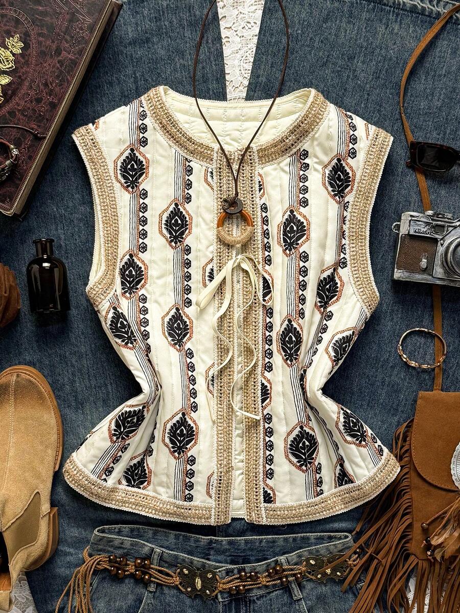 Easelle Women's Floral Pattern Ribbon Tie Front Casual Vest Jacket, Winter And Autumn Women's Clothing, Padded Jacket, Pattern Details, Autumn And Winter Coat - Multicolor - View 1