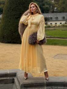 Anewsta Essential Abito elegante e versatile in tessuto plissettato e lucido, adatto per la primavera e l'autunno, con vita arricciata - Giallo - Visualizzare 8