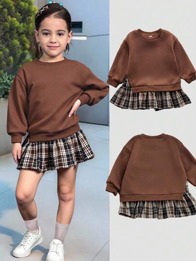 Firerie Kids Firerie Kids Young Girls Khaki Sweatshirt Patchwork Plaid Skirt Sweatshirt Dress, Retro Fashion Versatile Casual Everyday Wear Fall Winter