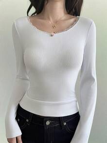 Livesso Women's Lace Trim Long Sleeve Fitted T-Shirt, Autumn