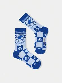 HARRY POTTER X SHEIN 1 Pair Women's Comfortable Contrast Color Eagle Pattern Mid-Calf Socks - Blue - View 3