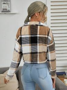 EMERY ROSE 女式格子长袖单排扣休闲夹克，秋季 - 咖啡棕 - 查看 2