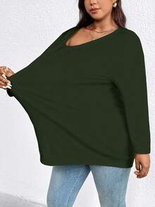 EMERY ROSE 大码女式休闲日常通勤简约纯色落肩宽松长袖 T 恤，春/秋 - 軍綠色 - 查看 6