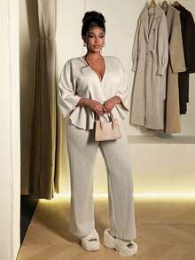 Maweii Plus Size Deep V-Neck Solid Color Ruffle Hem Long Sleeve Top And Pants Casual 2 Pieces Set - Khaki - View 6