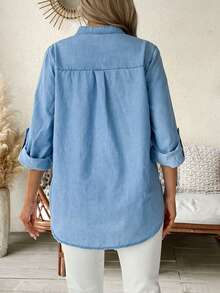 SHEIN Maternity Casual Button Half-Placket Flap Pocket Denim Jacket, Autumn