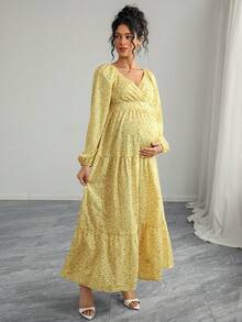 Momance-D 女式黄色碎花 V 领褶饰蛋糕裙长袖孕妇装，春秋装 - 彩色 - 查看 6