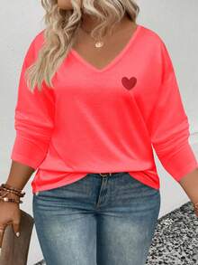 EMERY ROSE Women's Heart Print V-Neck Long Sleeve Plus Size T-Shirt, Popular For Autumn/Winter - Red - View 6