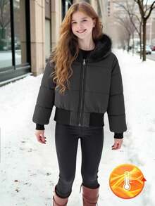 Sparklyn Tween Girls' Winter Zip-Up Hooded Ribbed Waist Faux Fur Collar Short Down Jacket - Black - View 1