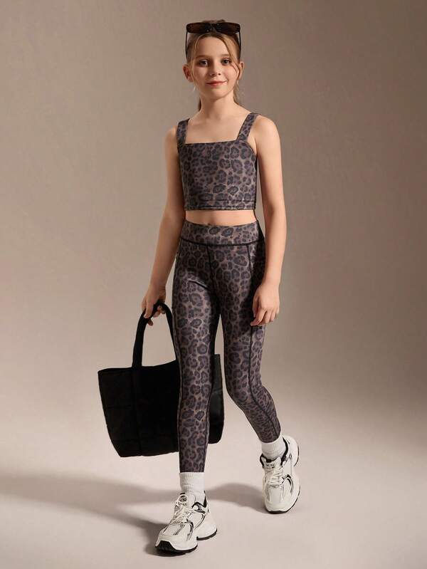 SHEIN Zestaw dla nastolatek: top i legginsy z nadrukiem w panterkę, bardzo elastyczny, dopasowany top z odkrytymi plecami w połączeniu z obcisłymi legginsami, wygodny i podkreślający figurę na fitness, jazdę na rowerze, jogging, odzież codzienną