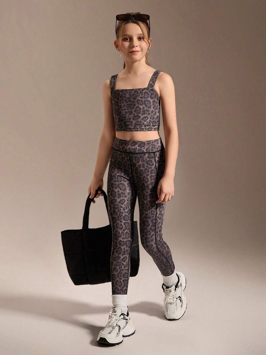 SHEIN Zestaw dla nastolatek: top i legginsy z nadrukiem w panterkę, bardzo elastyczny, dopasowany top z odkrytymi plecami w połączeniu z obcisłymi legginsami, wygodny i podkreślający figurę na fitness, jazdę na rowerze, jogging, odzież codzienną