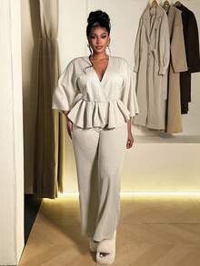 Maweii Plus Size Deep V-Neck Solid Color Ruffle Hem Long Sleeve Top And Pants Casual 2 Pieces Set - Khaki - View 7