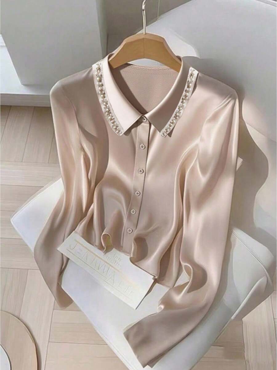 SHEIN Franclia 女士秋冬衬衫，立领，长袖，正面纽扣开合，亮片串珠装饰，梭织面料，休闲百搭宽松版型 - 香檳色 - 查看 1