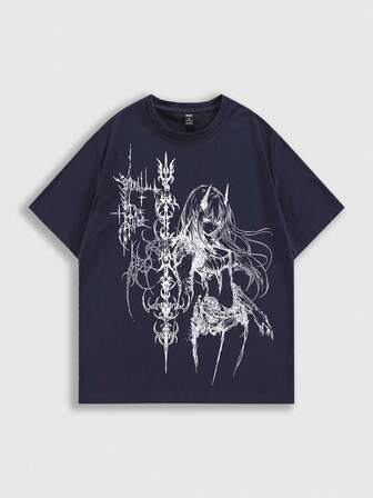 Street Life Camiseta azul marino con estampado oscuro de anime Y2K para hombres